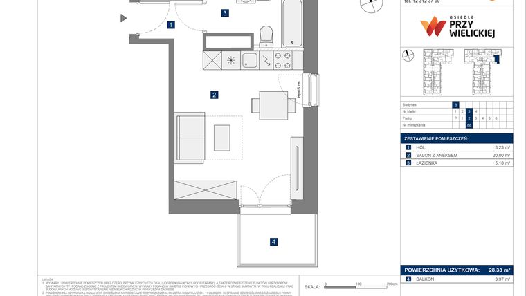 Rzut - Mieszkanie na sprzedaż 1 pokój o powierzchni 28,33 m² - numer B-88 w Osiedle przy Wielickiej etap 1.2