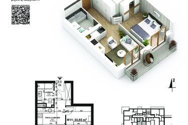 Rzut - Mieszkanie na sprzedaż 2 pokoje o powierzchni 34,85 m² - numer 11 w Piano Park etap VI