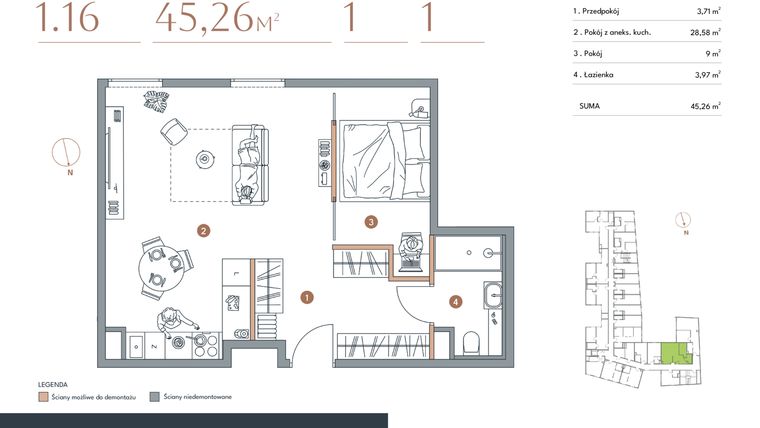 Rzut - Mieszkanie na sprzedaż 1 pokój o powierzchni 45,26 m² - numer 1.16 w Starowiejska 3
