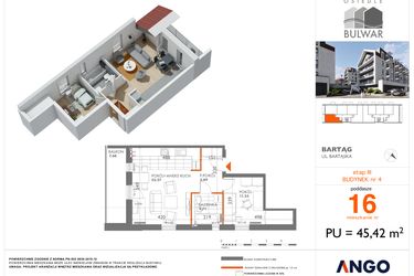Rzut - Mieszkanie na sprzedaż 2 pokoje o powierzchni 45,42 m² - numer 16 w Osiedle Bulwar bud. 4