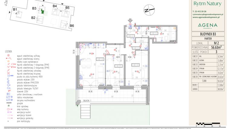 Rzut - Mieszkanie na sprzedaż 3 pokoje o powierzchni 56,63 m² - numer B3M2 w Rytm Natury