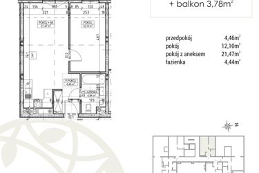 Rzut - Mieszkanie na sprzedaż 2 pokoje o powierzchni 42,47 m² - numer A2.03.28 w Zakątek Flora