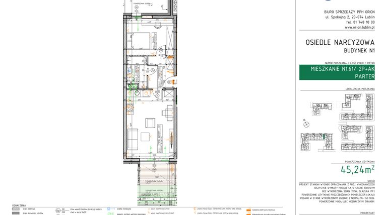 Rzut - Mieszkanie na sprzedaż 2 pokoje o powierzchni 45,24 m² - numer N1.61 w Osiedle Narcyzowe etap 2