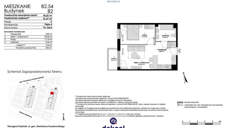 Rzut - Mieszkanie na sprzedaż 2 pokoje o powierzchni 41,67 m² - numer B2.54 w Osiedle Chabrowe