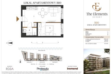 Rzut - Mieszkanie na sprzedaż 2 pokoje o powierzchni 37,01 m² - numer B3110 w The Elements Resort