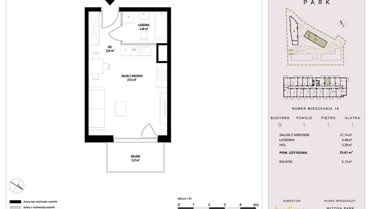 Rzut - Mieszkanie na sprzedaż 1 pokój o powierzchni 29,61 m² - numer B18 w Witosa Park