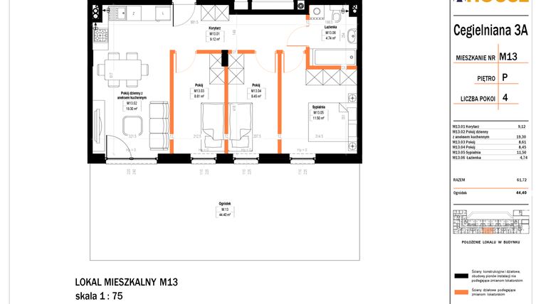 Rzut - Mieszkanie na sprzedaż 4 pokoje o powierzchni 61,72 m² - numer 13 w Osiedle StaLove etap II