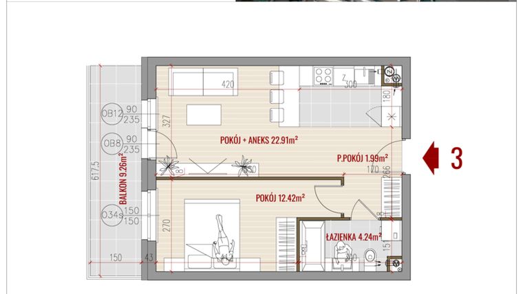 Rzut - Mieszkanie na sprzedaż 2 pokoje o powierzchni 41,56 m² - numer 3 w HUZAR B3