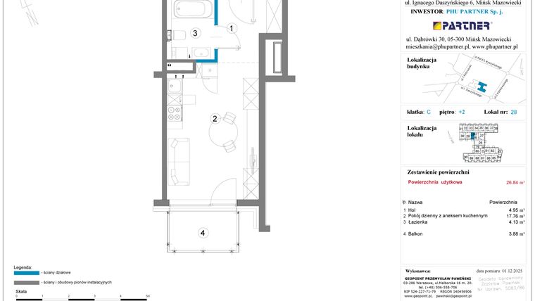 Rzut - Mieszkanie na sprzedaż 1 pokój o powierzchni 26,84 m² - numer 28 w Daszyńskiego Square etap 2