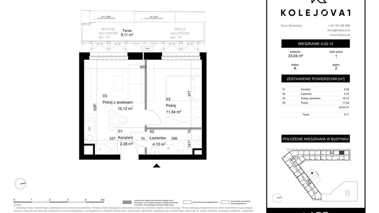Rzut - Mieszkanie na sprzedaż 1 pokój o powierzchni 33,04 m² - numer A-02-14 w Kolejova 1