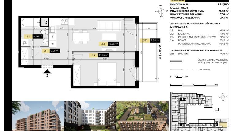 Rzut - Mieszkanie na sprzedaż 2 pokoje o powierzchni 46,62 m² - numer M/02 w Tarasy Śląskie