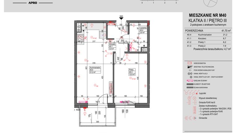 Rzut - Mieszkanie na sprzedaż 2 pokoje o powierzchni 41,7 m² - numer M40 w Antczaka 46