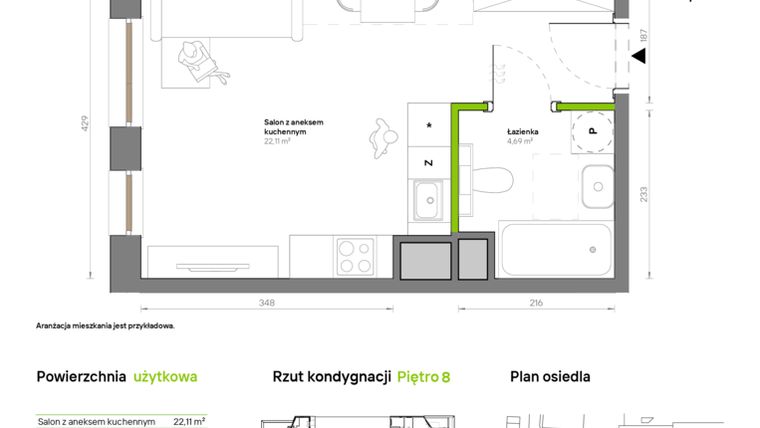Rzut - Mieszkanie na sprzedaż 1 pokój o powierzchni 26,8 m² - numer A.8.4 w Żywiecka Vita