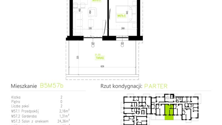 Rzut - Mieszkanie na sprzedaż 2 pokoje o powierzchni 44,24 m² - numer B5M57b w Osiedle Natura Park etap II