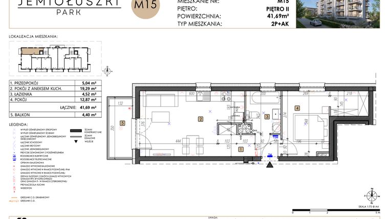Rzut - Mieszkanie na sprzedaż 2 pokoje o powierzchni 41,62 m² - numer A2_M15 w Jemiołuszki Park etap 2