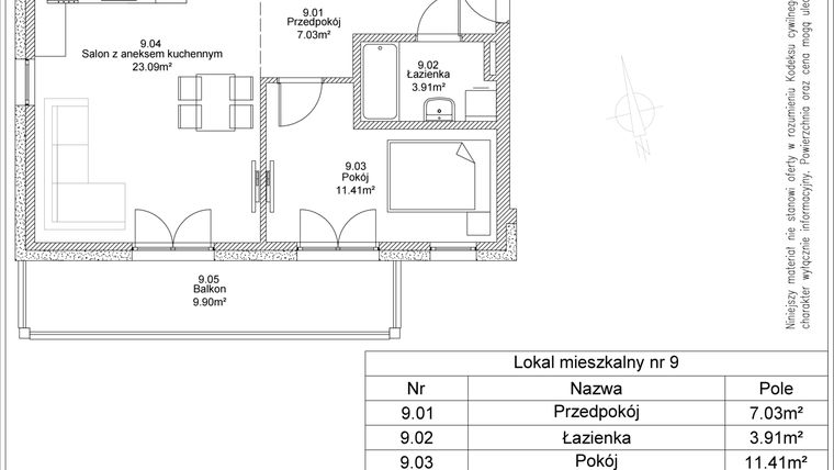 Rzut - Mieszkanie na sprzedaż 2 pokoje o powierzchni 45,44 m² - numer 9 w Apartamenty Jasińskiego