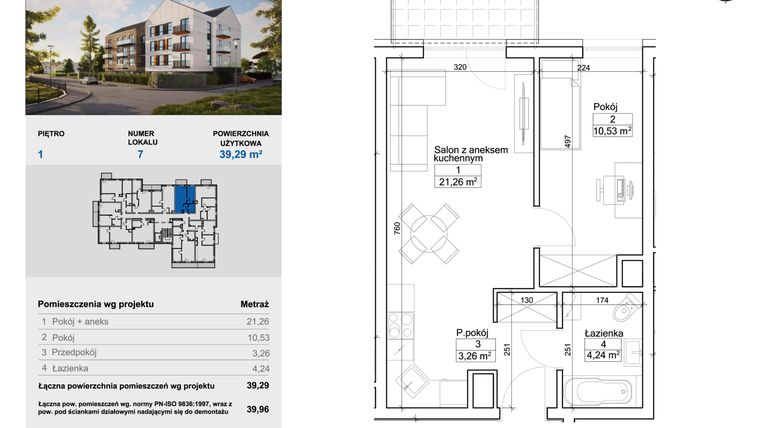 Rzut - Mieszkanie na sprzedaż 2 pokoje o powierzchni 39,46 m² - numer 7 w Balantia