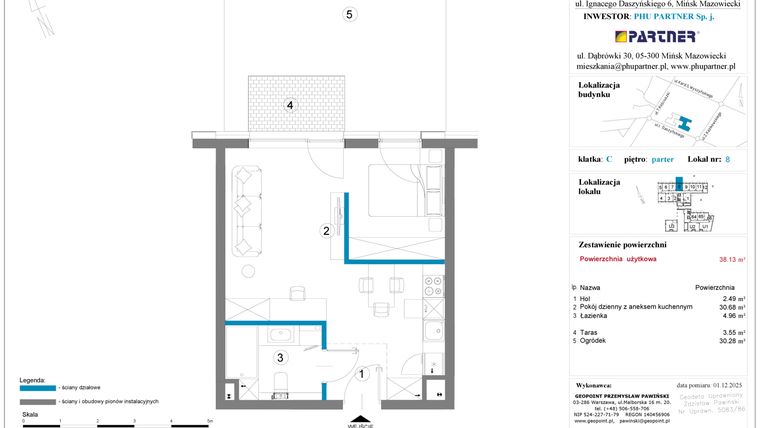 Rzut - Mieszkanie na sprzedaż 1 pokój o powierzchni 38,13 m² - numer 8 w Daszyńskiego Square etap 2