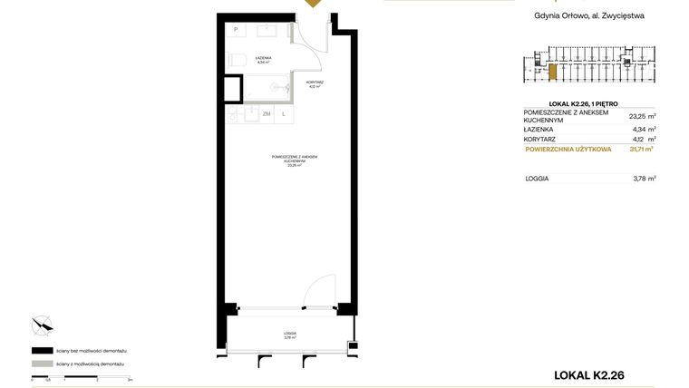 Rzut - Mieszkanie na sprzedaż 1 pokój o powierzchni 31,71 m² - numer K2.26 w Orłowo Square - Apartamenty inwestycyjne