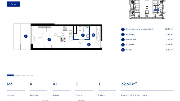 Rzut - Mieszkanie na sprzedaż 1 pokój o powierzchni 32,63 m² - numer 3A w Przy Bursztynowej