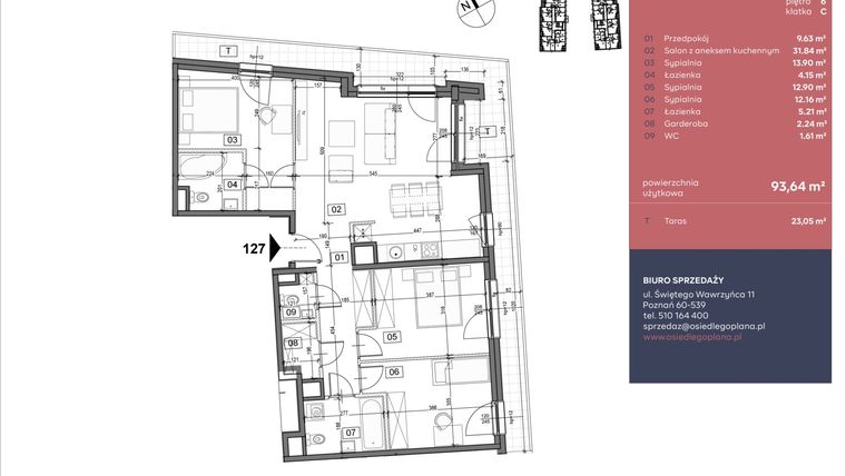 Rzut - Mieszkanie na sprzedaż 4 pokoje o powierzchni 93,47 m² - numer E127 w Goplana budynek E