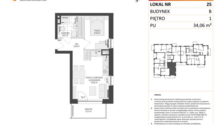 Rzut - Mieszkanie na sprzedaż 2 pokoje o powierzchni 34,06 m² - numer B.25 w Osiedle Warszawska etap III