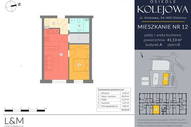 Rzut - Mieszkanie na sprzedaż 2 pokoje o powierzchni 41,13 m² - numer A.12 w Osiedle Kolejowa