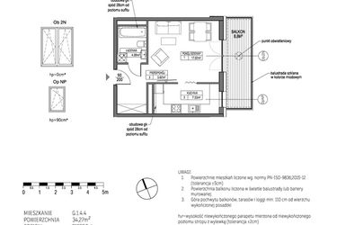 Rzut - Mieszkanie na sprzedaż 1 pokój o powierzchni 34,27 m² - numer G.1.3.4 w City Park bud. G i H