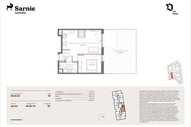 Rzut - Mieszkanie na sprzedaż 2 pokoje o powierzchni 40,35 m² - numer B1-00.01 w Sarnie Osiedle