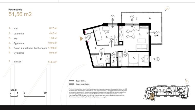Rzut - Mieszkanie na sprzedaż 3 pokoje o powierzchni 51,56 m² - numer K1.13 w Korkowa 146