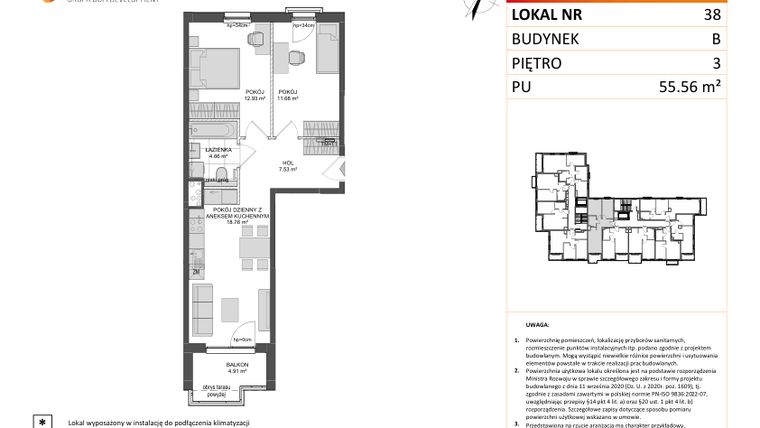 Rzut - Mieszkanie na sprzedaż 3 pokoje o powierzchni 55,56 m² - numer B.38 w Wzgórze Hoplity etap II