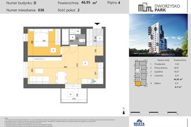 Rzut - Mieszkanie na sprzedaż 2 pokoje o powierzchni 47,1 m² - numer 38 w Dworzysko Park - Etap III