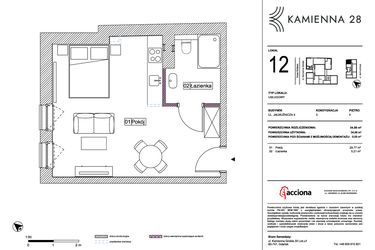 Rzut - Mieszkanie na sprzedaż 1 pokój o powierzchni 34,98 m² - numer 4.12 w Kamienna 28 - apartamenty inwestycyjne