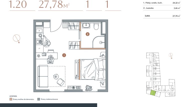 Rzut - Mieszkanie na sprzedaż 1 pokój o powierzchni 27,78 m² - numer 1.20 w Starowiejska 3