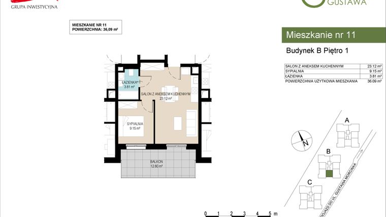 Rzut - Mieszkanie na sprzedaż 2 pokoje o powierzchni 36,09 m² - numer B11 w Wzgórze Gustawa