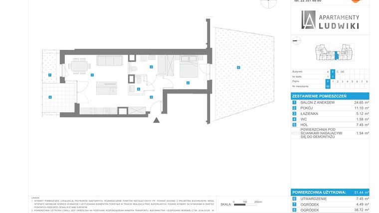 Rzut - Mieszkanie na sprzedaż 2 pokoje o powierzchni 51,44 m² - numer B.60 w Apartamenty Ludwiki