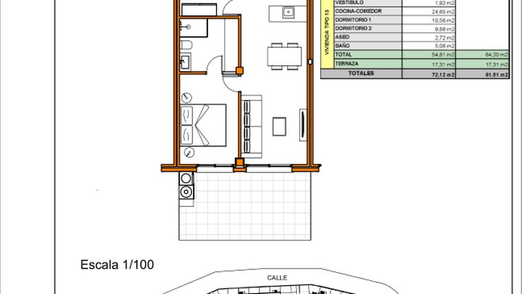 Rzut - Mieszkanie na sprzedaż 2 pokoje o powierzchni 64,09 m² - numer 88 w Xeresa del Monte