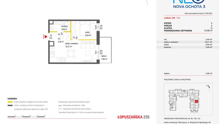 Rzut - Mieszkanie na sprzedaż 2 pokoje o powierzchni 33,88 m² - numer 134 w Neo Nova Ochota 3