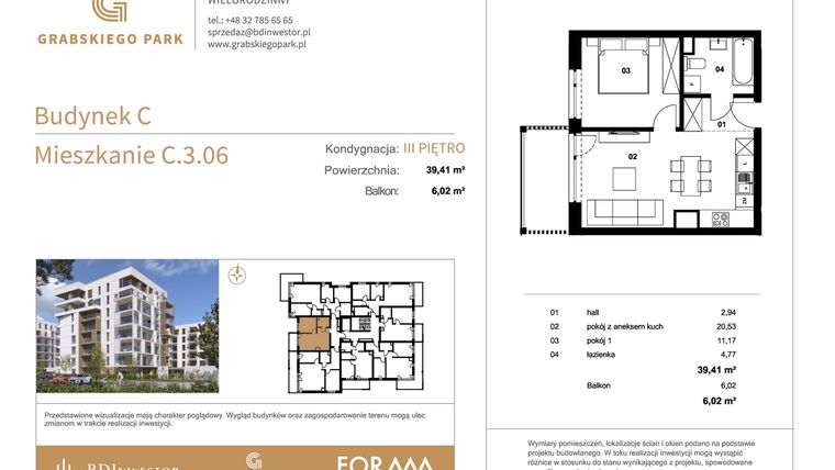 Rzut - Mieszkanie na sprzedaż 2 pokoje o powierzchni 39,41 m² - numer C.3.06 w Grabskiego Park