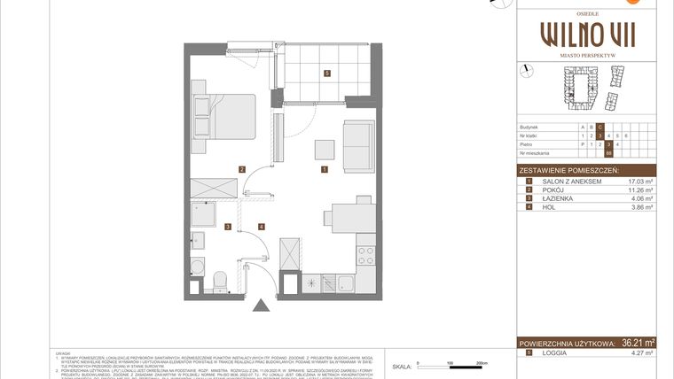Rzut - Mieszkanie na sprzedaż 2 pokoje o powierzchni 36,21 m² - numer C.88 w Osiedle Wilno VII etap 3