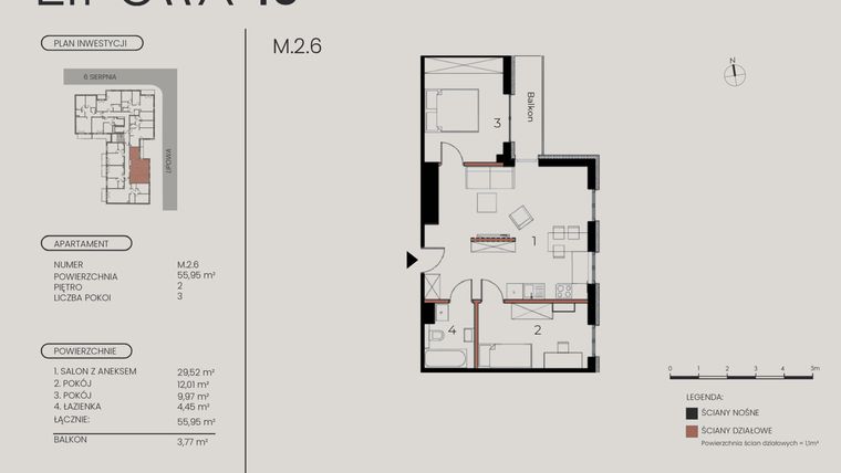 Rzut - Mieszkanie na sprzedaż 3 pokoje o powierzchni 55,95 m² - numer M.2.6 w Lipowa 43