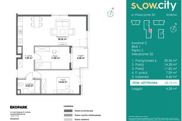 Rzut - Mieszkanie na sprzedaż 3 pokoje o powierzchni 68,15 m² - numer C1-32 w Slow City