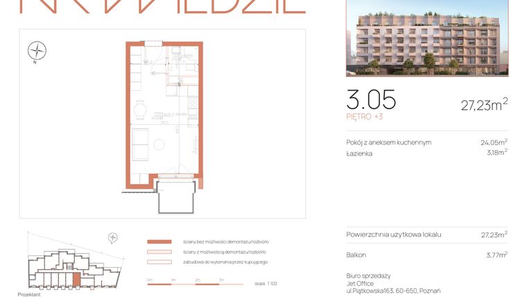 Rzut - Mieszkanie na sprzedaż 1 pokój o powierzchni 27,23 m² - numer 3.05 w Na Wildzie