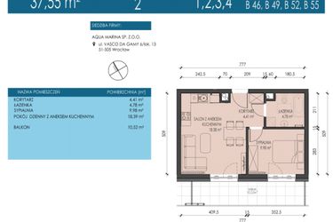 Rzut - Mieszkanie na sprzedaż 2 pokoje o powierzchni 37,55 m² - numer B46 w Apartamenty Aqua Marina