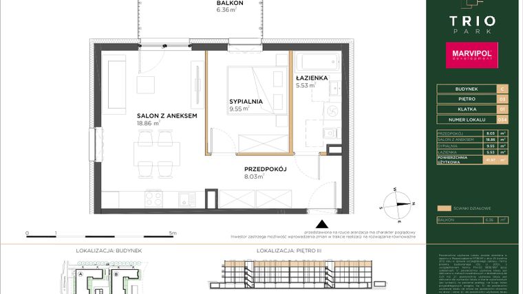 Rzut - Mieszkanie na sprzedaż 2 pokoje o powierzchni 41,97 m² - numer C034 w Trio Park bud. C