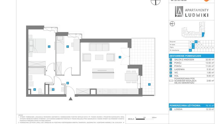 Rzut - Mieszkanie na sprzedaż 3 pokoje o powierzchni 76,1 m² - numer C.67 w Apartamenty Ludwiki