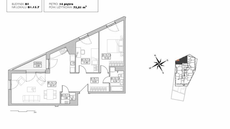 Rzut - Mieszkanie na sprzedaż 3 pokoje o powierzchni 75,81 m² - numer B1.15.7 w Alvarium 2.0