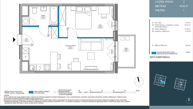 Rzut - Mieszkanie na sprzedaż 2 pokoje o powierzchni 42,63 m² - numer 9 w Nordic Górka Narodowa