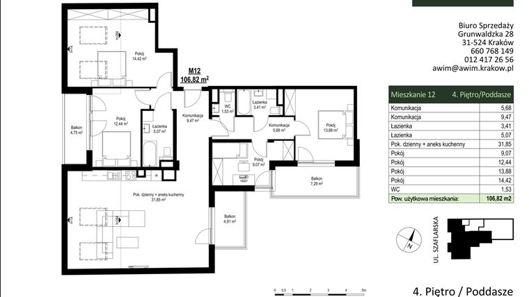Rzut - Mieszkanie na sprzedaż 5 pokoi o powierzchni 106,82 m² - numer M12 w Szaflarska 9