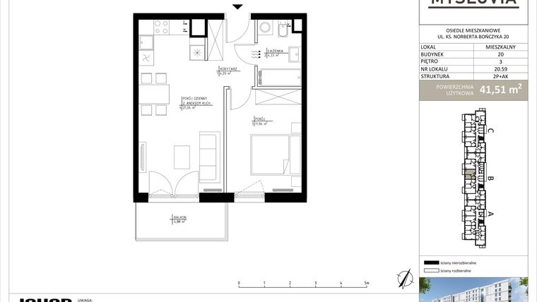 Rzut - Mieszkanie na sprzedaż 2 pokoje o powierzchni 41,51 m² - numer M.LM.20.59 w Myslovia